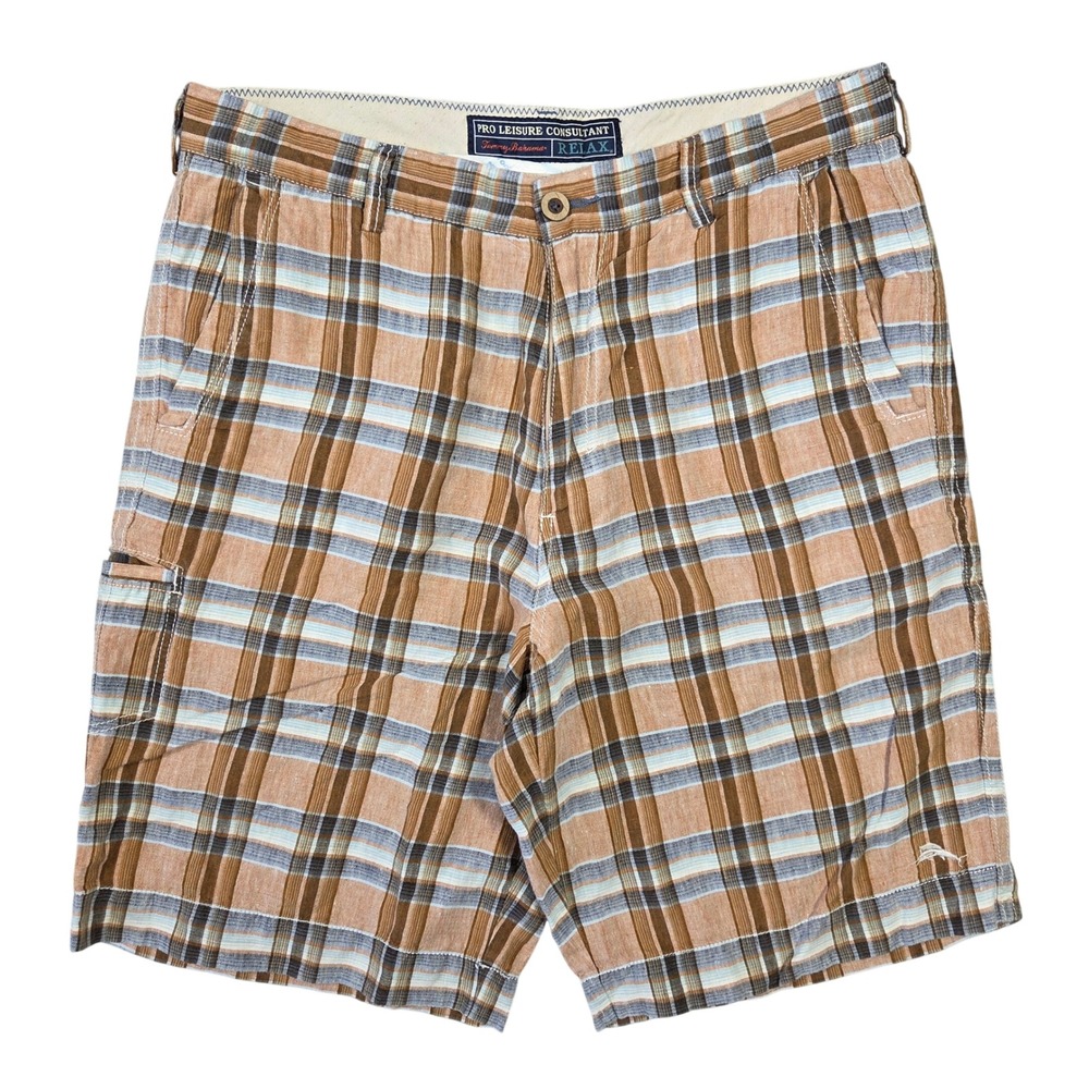 Tommy Bahama Relax Mens 34 Linen Plaid Shorts Orange Brown Resort Beach Outdoors